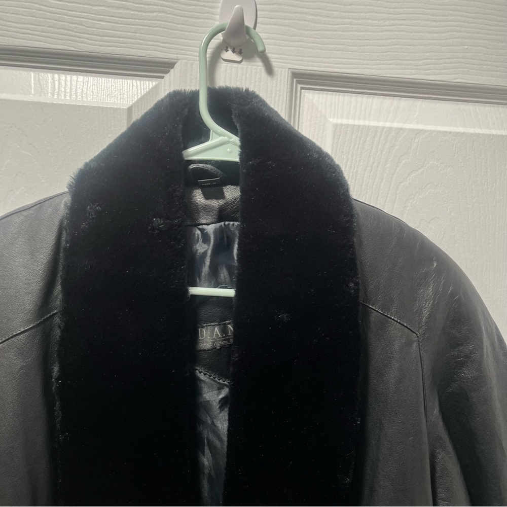 Vintage Leather Jacket Faux Fur Trim Black M Overcoat - Picture 4 of 9